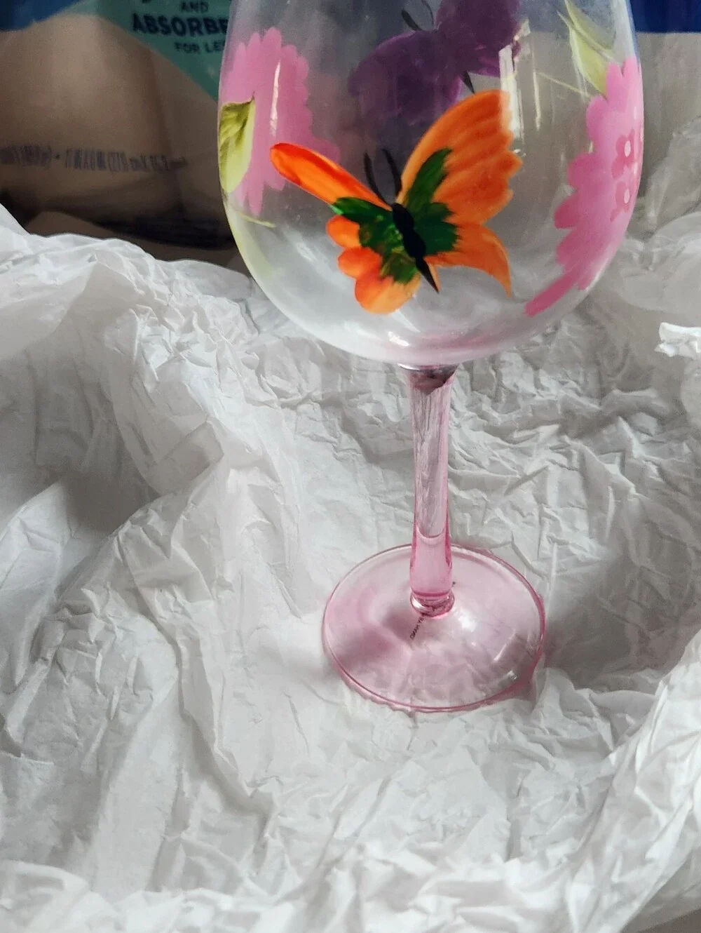 Hand-Painted Pink Stem Wine Glasses (Plus 1 Free), Floral & Butterfly Design